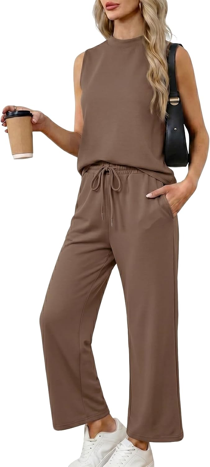 Two Piece Lounge Sets for Women Summer Outfits Set Mock Neck Tops Wide Leg Crop Vacation Travel Pant Set