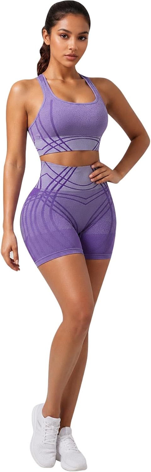 Women’S Seamless Workout Sets 2 Piece Sports Bras Shorts Gym Clothes Work Out Top Athletic Matching Cute Biker