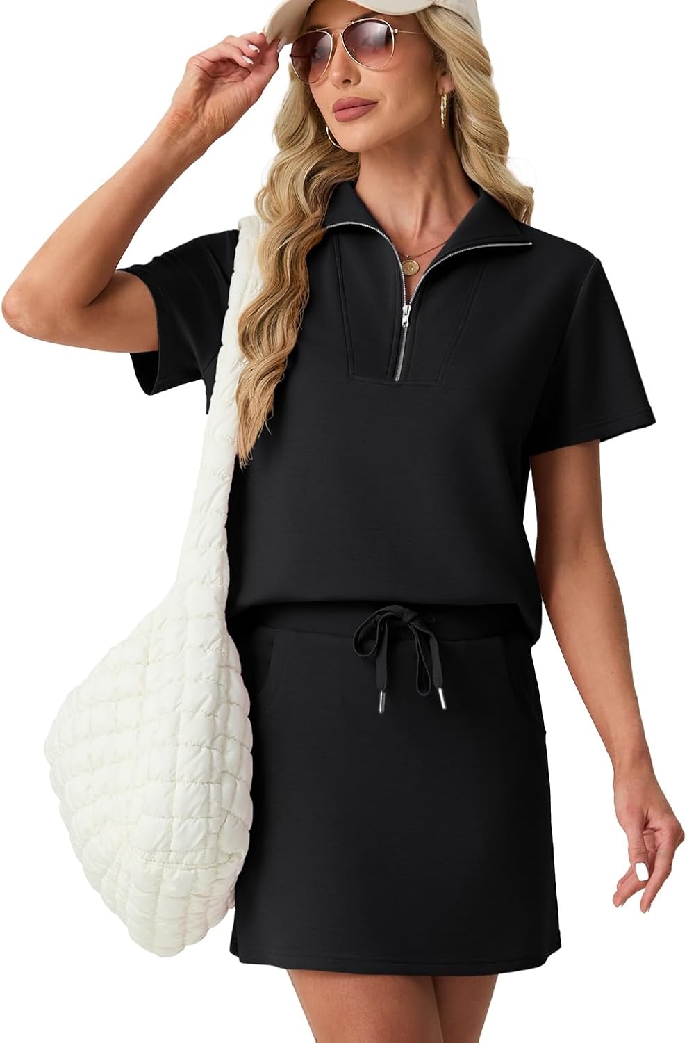 GRECERELLE Women’s Summer 2 Piece Skort Set Half Zip Short Sleeve Top & Pocketed Tennis Skirt For Sports & Vacations.