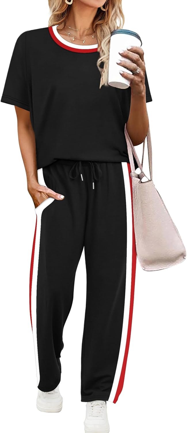 WIHOLL 2 Piece Lounge Sets for Women Matching Set Summer Outfits Short Sleeve Tops Wide Leg Pants with Pockets