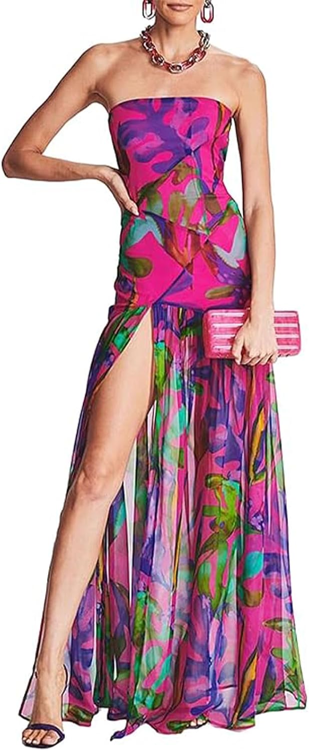 Women Tube Top Dress Tiger Stripe Mesh Patchwork Maxi Dress Strapless Sexy High Slit Long Dresses Beach Vacation