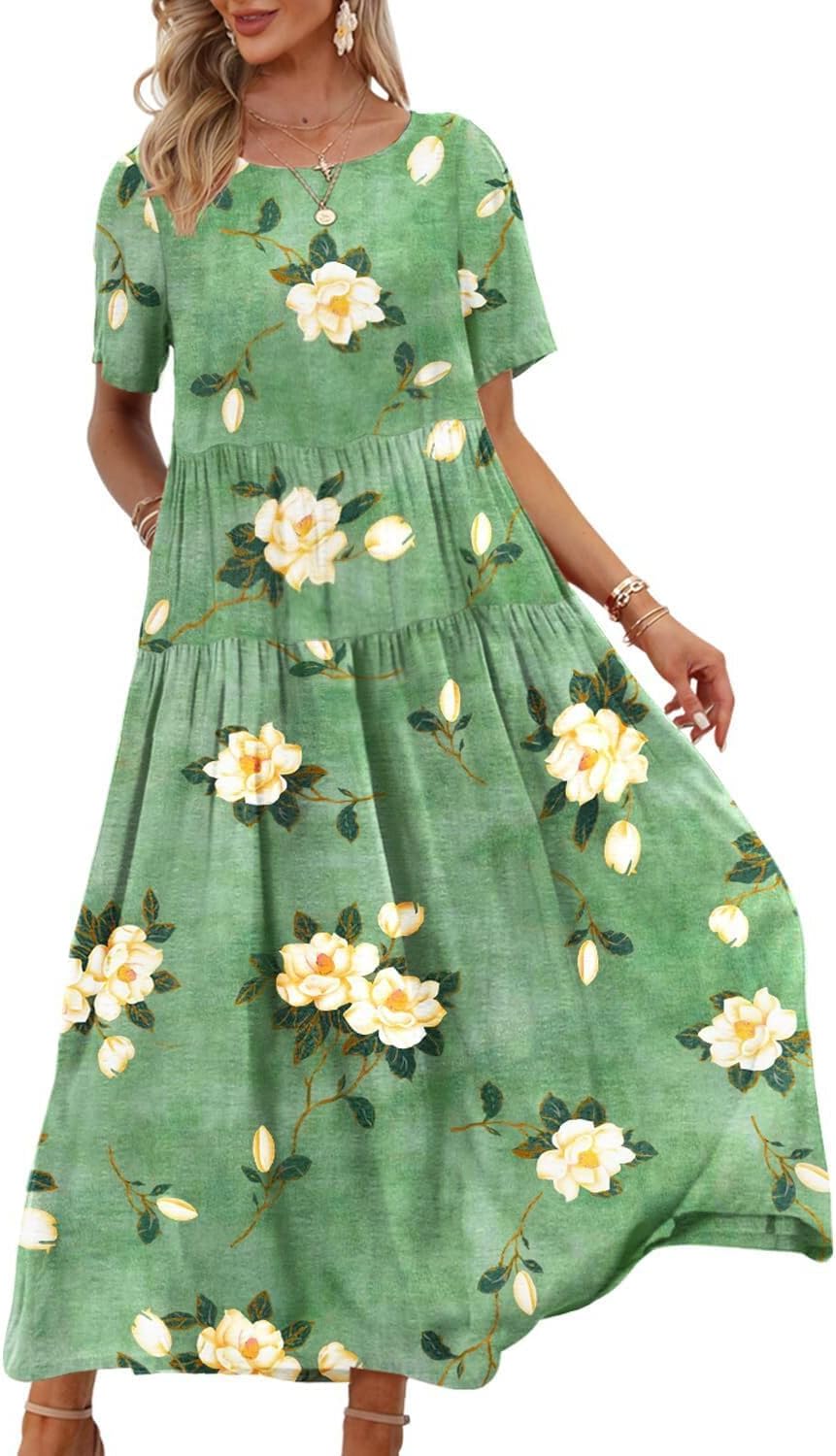 YESNO Women Casual Loose Bohemian Floral Dress with Pockets Short Sleeve Long Maxi Summer Beach Swing Dress EJF