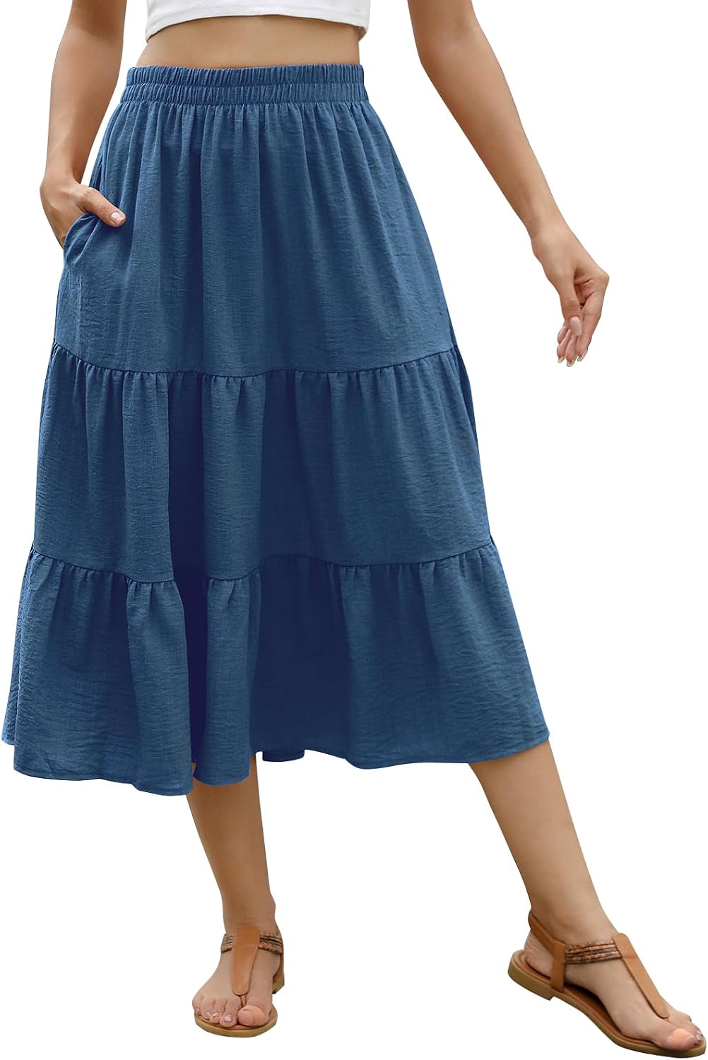 Lyrur Women’s Floral Midi Skirt with Pockets High Elastic Waist Flowy Ruffle Casual Summer Boho Aline Skirts