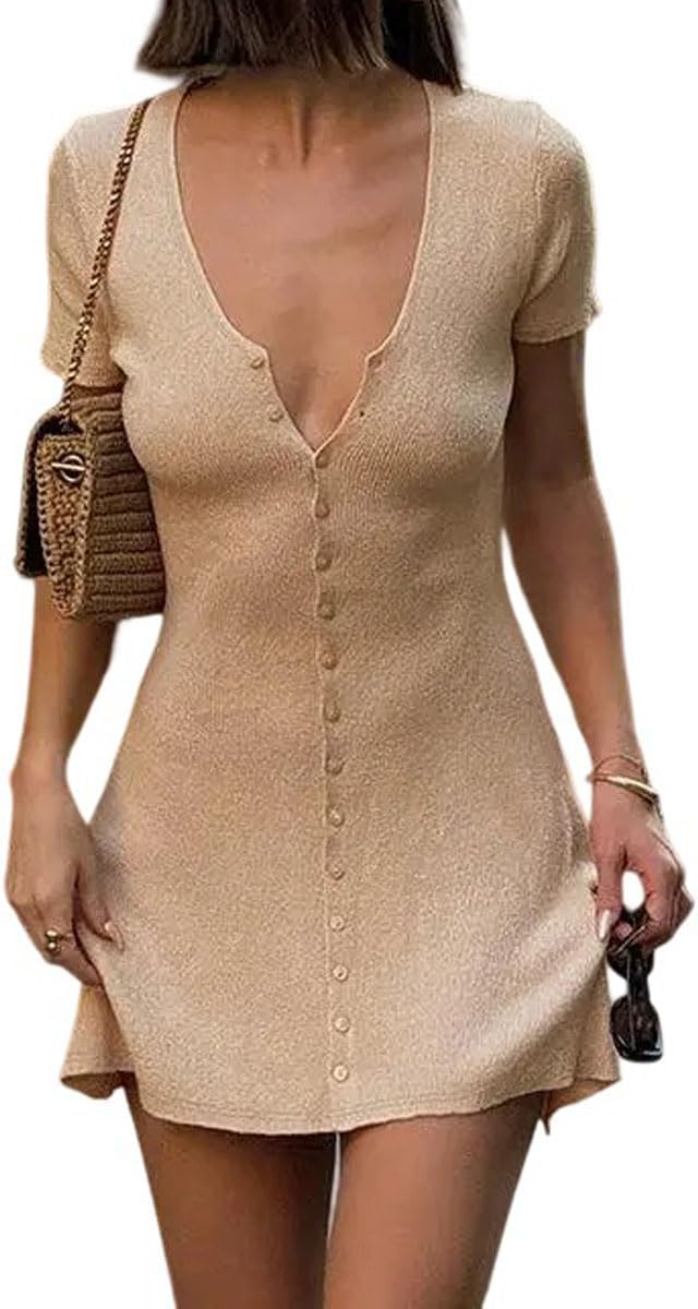 Women Sexy Deep V Neck Button Front Knit Mini Dress Elegant Short Sleeve Ribbed Flowy Hem A-Line Short Dress