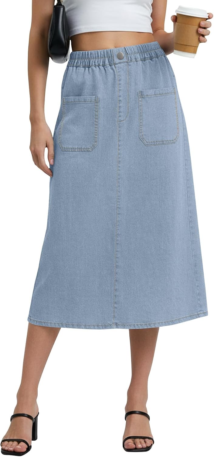 NILOUFO Jean Skirt for Women Denim Midi Skirt Pull On High Waisted Elastic Skirt Back Slit with Pockets