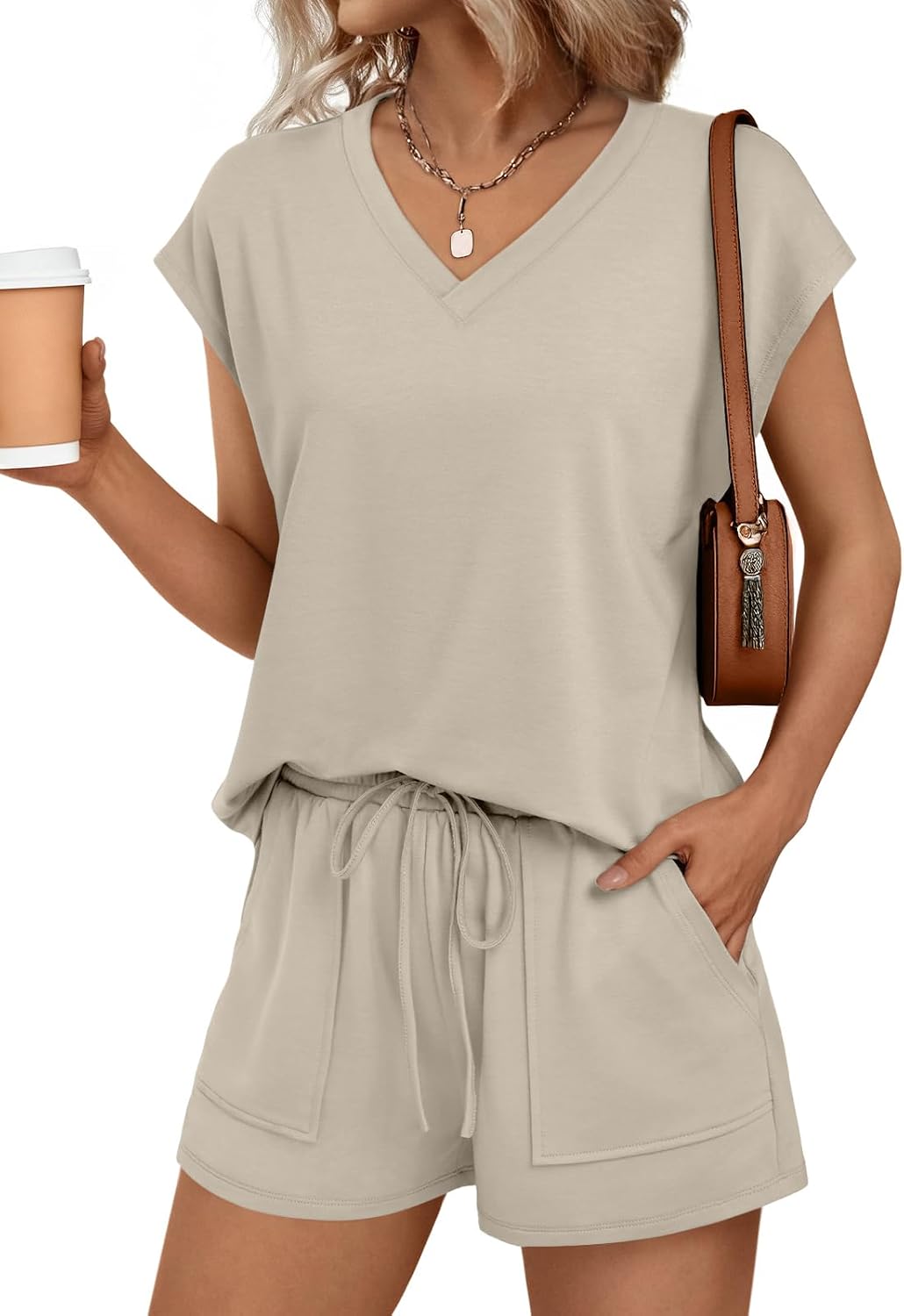 AUTOMET Women 2 Piece V Neck Matching Lounge Sets Clothing Spring Cap Sleeve Shirt and Shorts 2026 Summer Airport Outfit