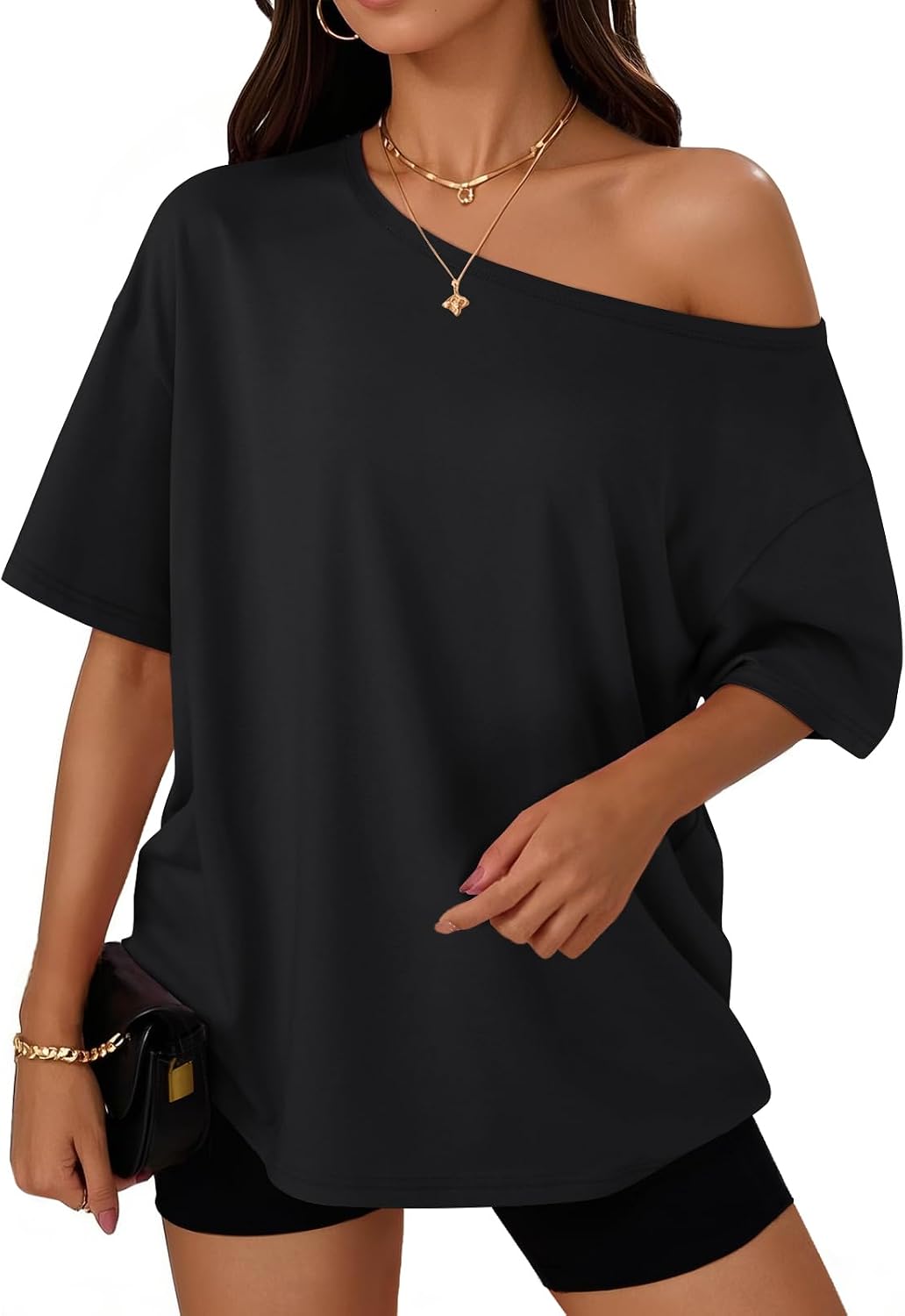 Trendy Queen Womens Off the Shoulder Tops Oversized Summer Spring T-Shirts 2026