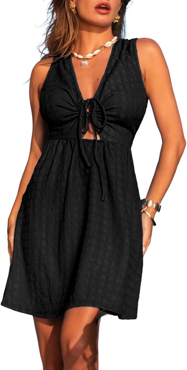 CUPSHE Women’s Summer Dresses Tie Front Plunging V Neck A Line Sleeveless Cutout Mini Dress