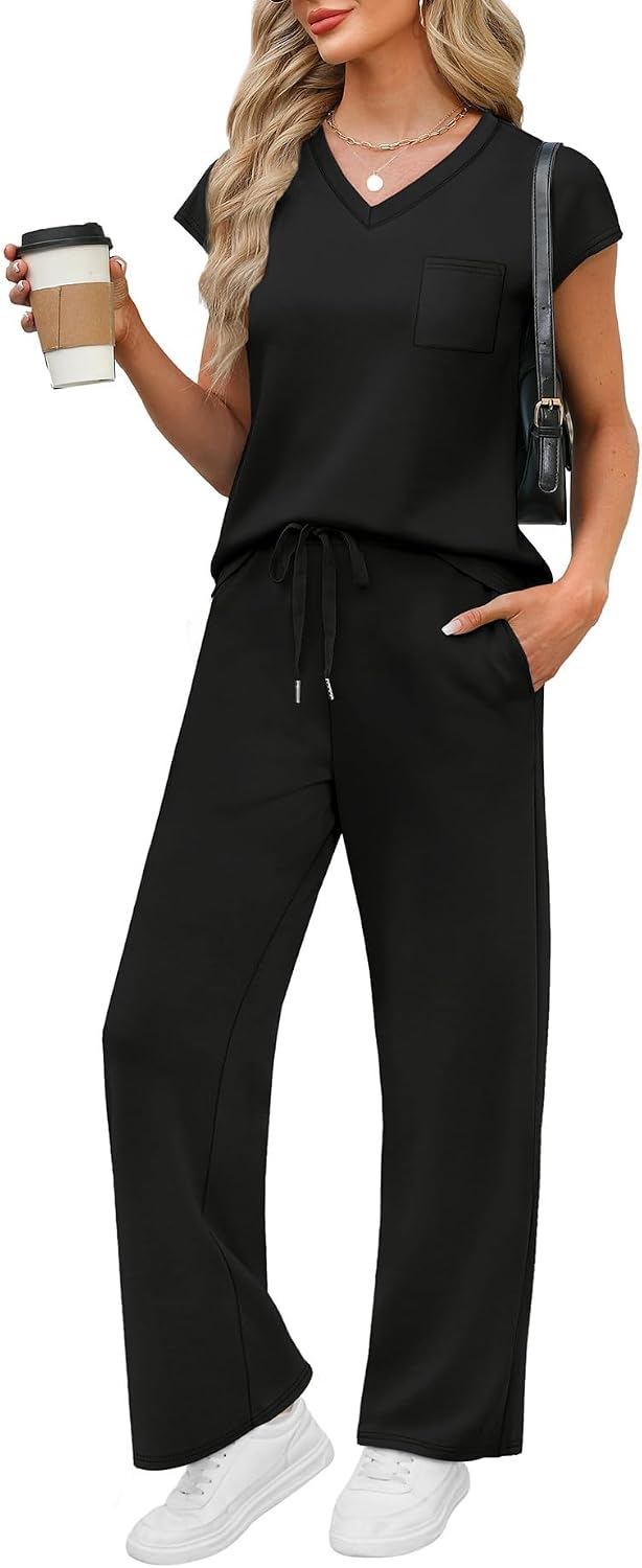 WIHOLL 2 Piece Sets for Women Resort Wear Travel Vacation Outfits Summer Cap Sleeve Lounge Sets