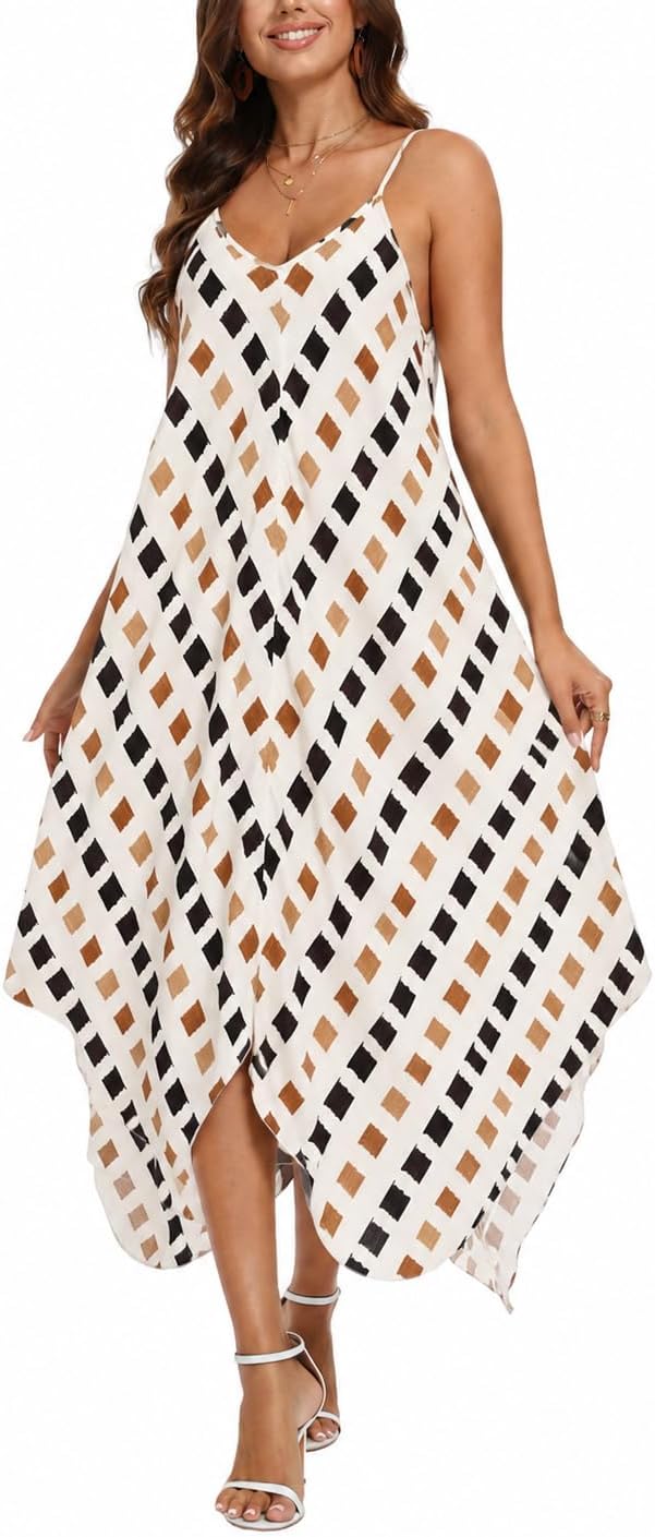 OSTOO Women’s Boho Floral Print Spaghetti Strap Midi Dress Sleeveless V Neck Flowy A-Line Summer Beach Vacation Sundress