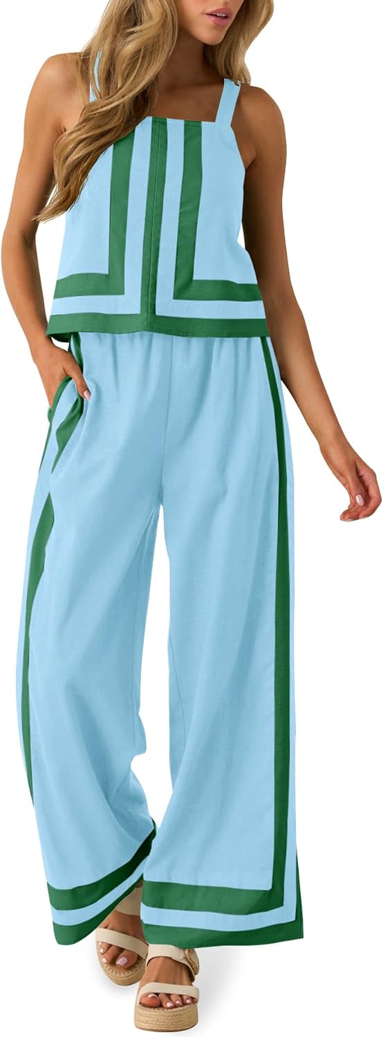Tankaneo Womens 2 Piece Lounge Set Summer Casual Color Block Cami Top Wide Leg Pants Set Beach Vacation Outfits
