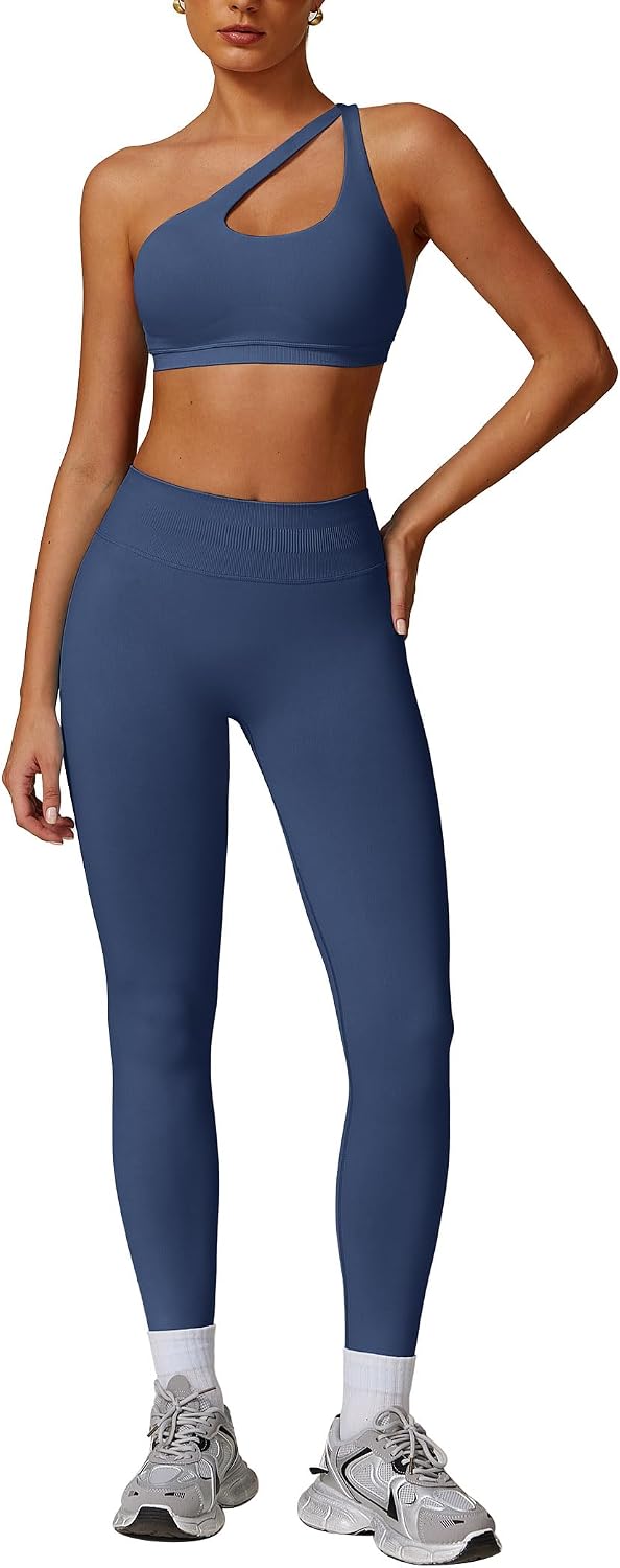 ABOCIW Women Workout Sets Seamless High Waist Scrunch Butt Lifting Gym Leggings Cutout One Shoulder Sports Bra