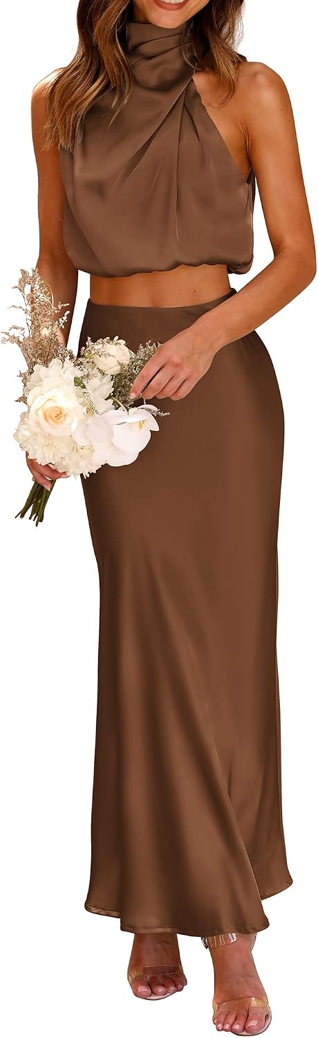 PRETTYGARDEN Women’s 2 Piece Satin Outfits Summer Sleeveless Mock Neck Crop Tops and Long Skirt Dress Sets