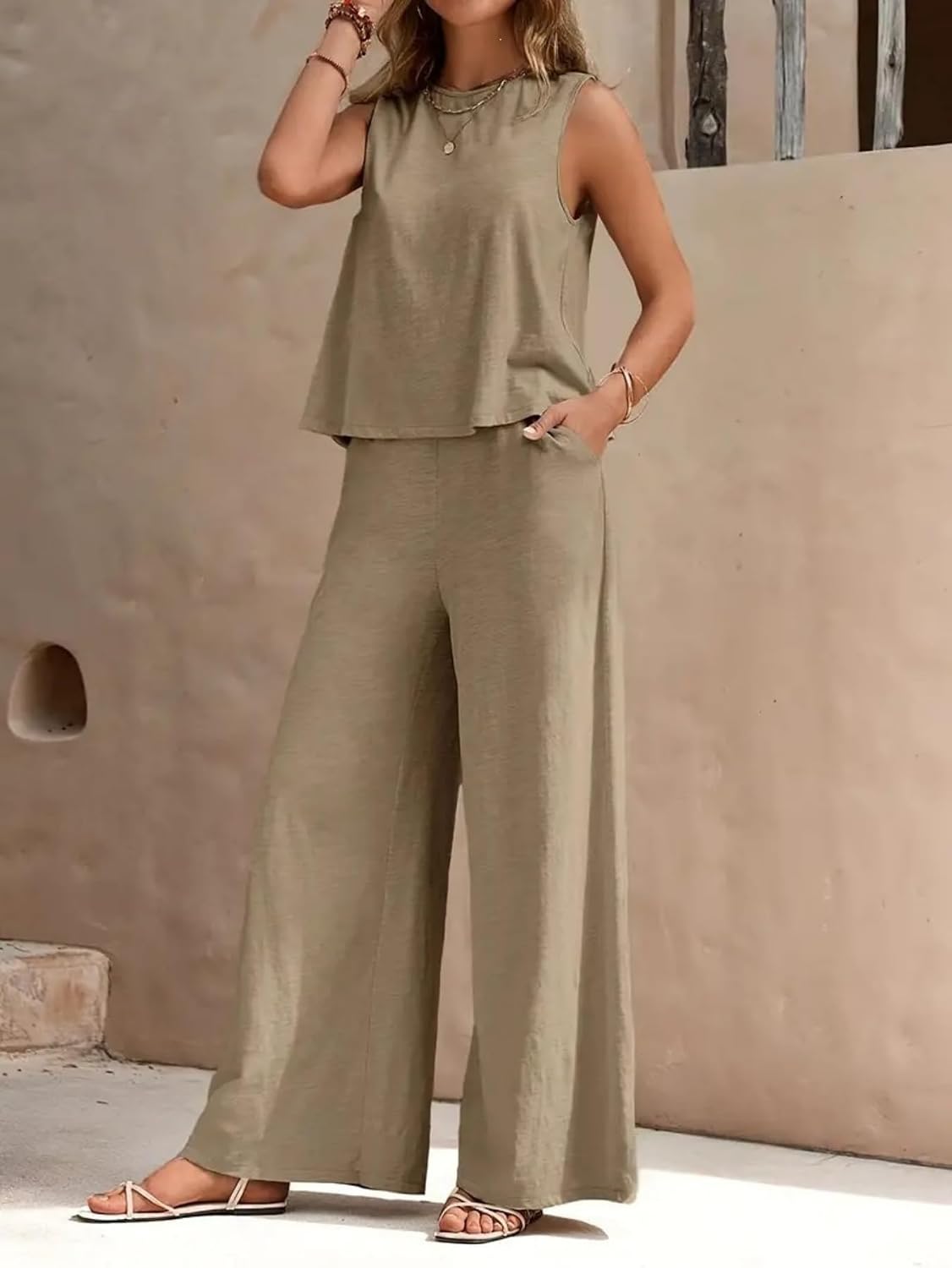 Women 2 Piece Lounge Set, Crew Neck Sleeveless Tank Top Wide Leg Pants,Summer Casual Outfit for Daily,Travel or Party