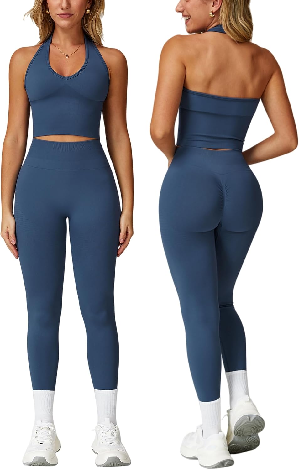 Workout Sets for Women 2 Piece Seamless Halter Tank Top Scrunch Butt Lifting High Waist Leggings Gym Sets Active Wear