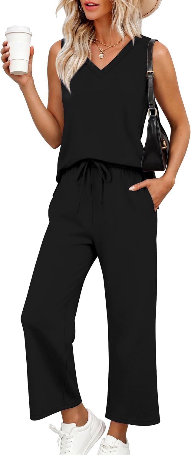 XIEERDUO Two Piece Sets for Women Summer Vacation Travel Outfits V Neck Lounge Matching Sets