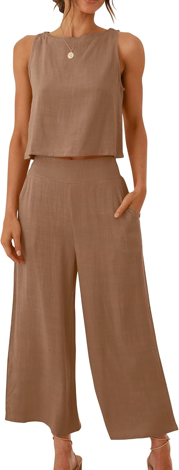 ANRABESS Women’s Summer 2 Piece Outfits Sleeveless Crop Top Capri Wide Leg Pants Jumpsuit Linen Lounge Beach Travel Sets