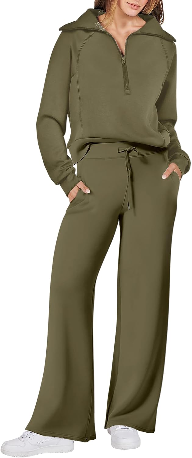 ANRABESS Women’s 2 Piece Outfits Half Zip Sweatshirt & Wide Leg Pants Airport Travel Lounge Matching Sets Sweatsuits Clothing
