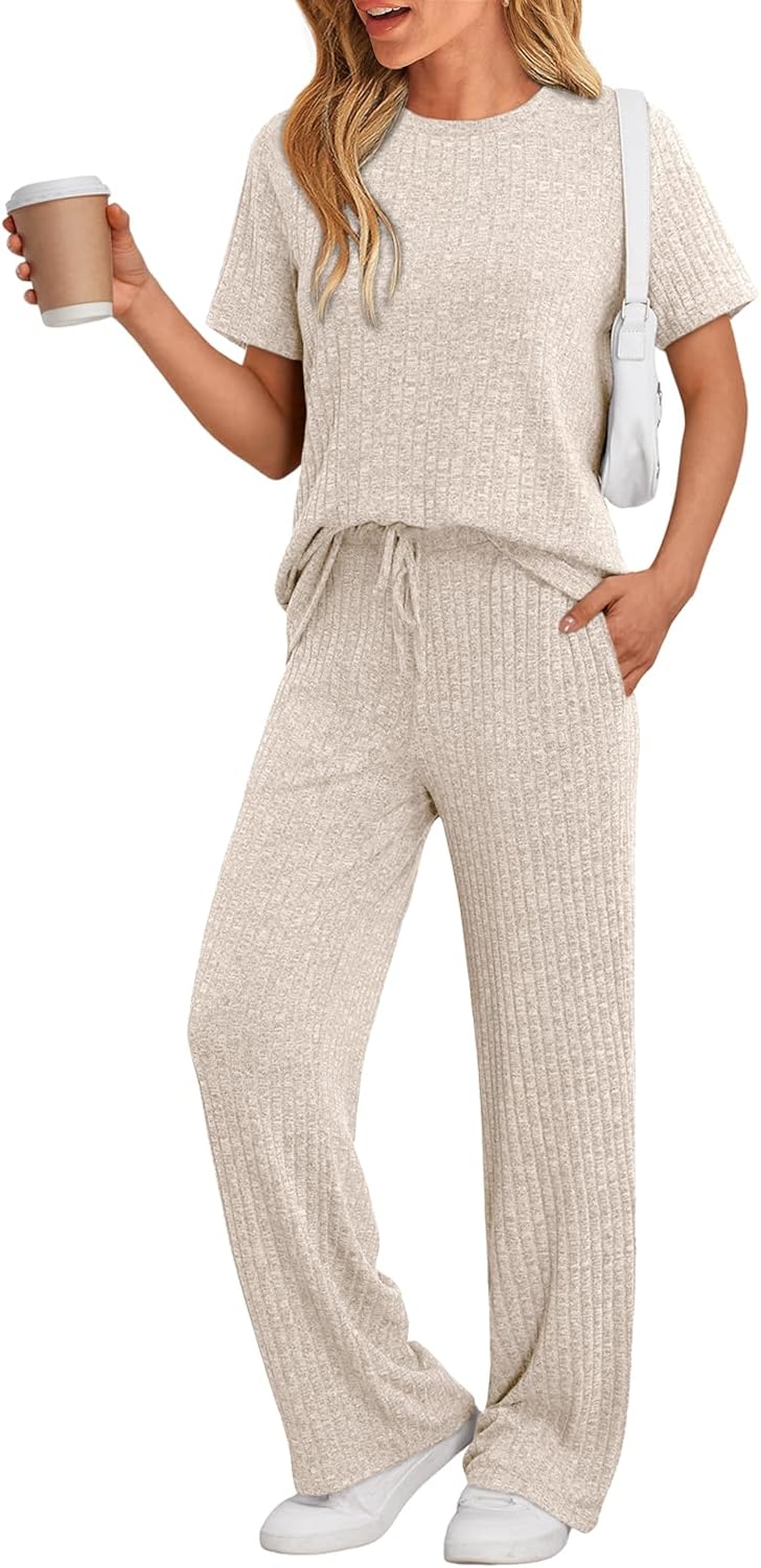 LILLUSORY Womens Lounge Sets 2 Piece Matching Travel Outfits | Lightweight Ribbed 2 Piece Set, Breathable, Stretchy, Wrinkle-Resistant, Travel Ready, Versatile