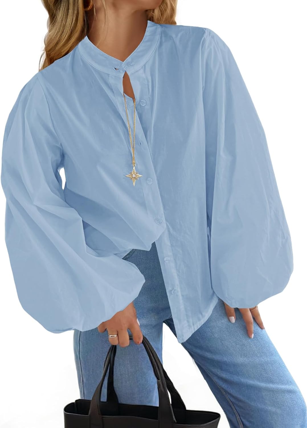Tankaneo Womens Lantern Sleeve Button Down Shirts Oversized Mock Neck Blouse Trendy Casual Loose Fit Cotton Tops