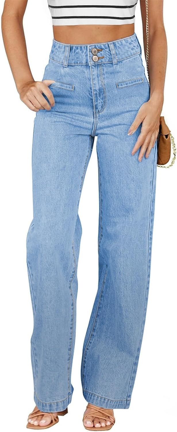Sidefeel Women’s Jeans High Waisted Straight Leg Stretchy Jeans Trendy Loose Wide Leg Zimbaplatinum Denim Pants with Pockets