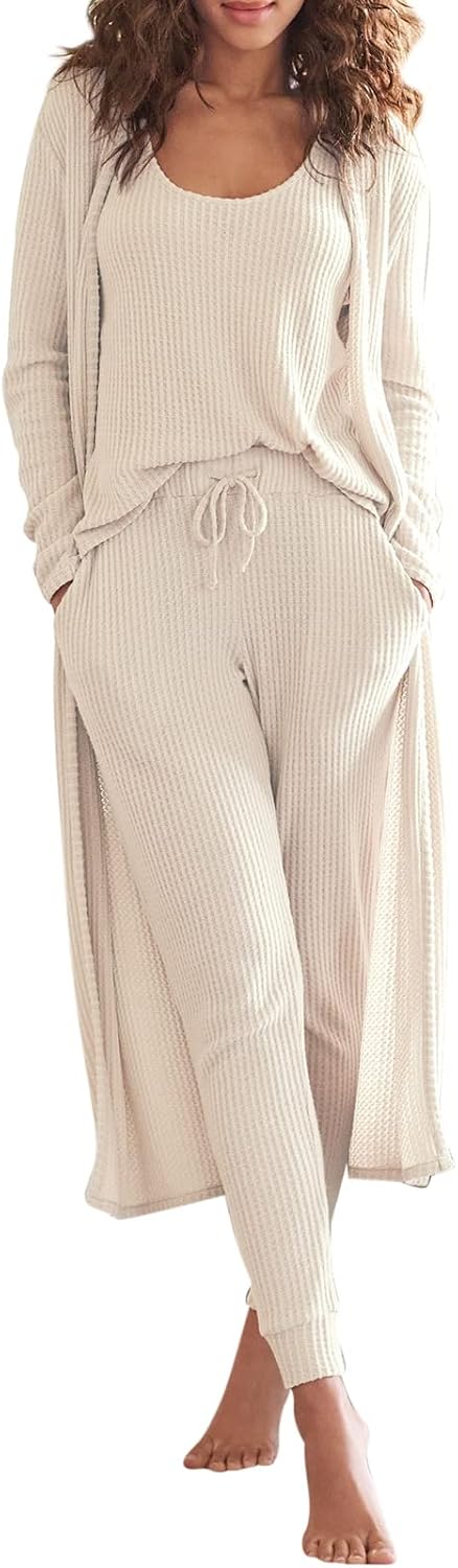 Eurivicy Womens Lounge Set Waffle Knit 3 Piece Pajama Sets Tank Tops Loose Pants with Long Cardigan Loungewear 2026