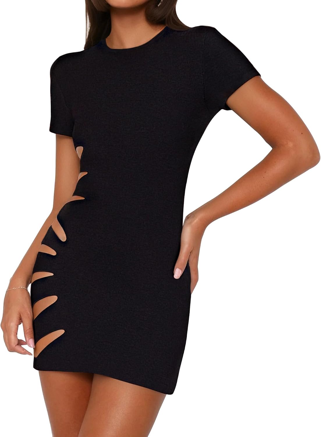 Women’s Hollow Out Bodycon Mini Dress Sexy Short Sleeve Crew Neck Cut Out Cocktail Club Short Dresses