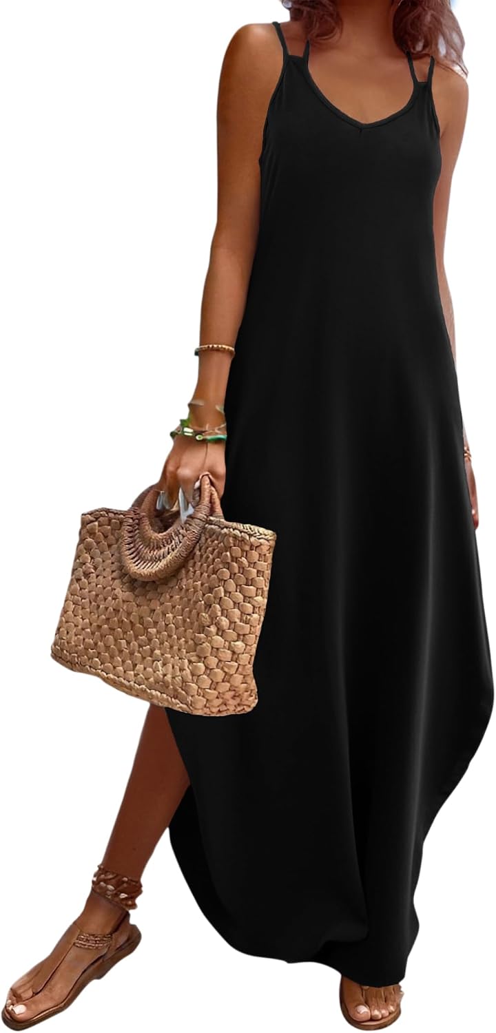 Zeagoo Women’s Casual Sundress Summer Maxi Sleeveless V Neck Split Boho Beach Dress Travel Vacation Dress with Pockets