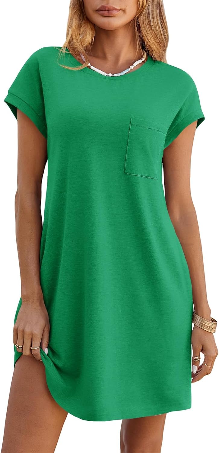 Wenrine Womens Summer T Shirt Dress Casual Short Sleeve Crewneck Loose Flowy Mini Dresses with Pockets