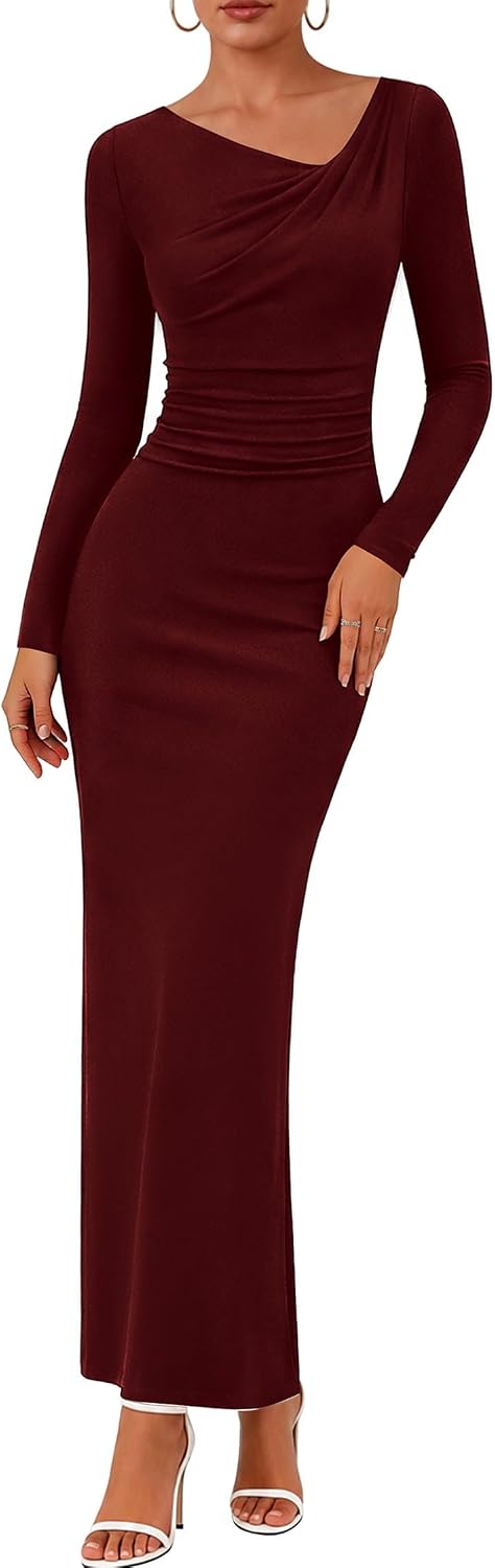 Lazysmile Women’s Long Sleeve Asymmetrical Neck Bodycon Maxi Dress Back Slit Ruched Party Cocktail Wedding Guest Dressees