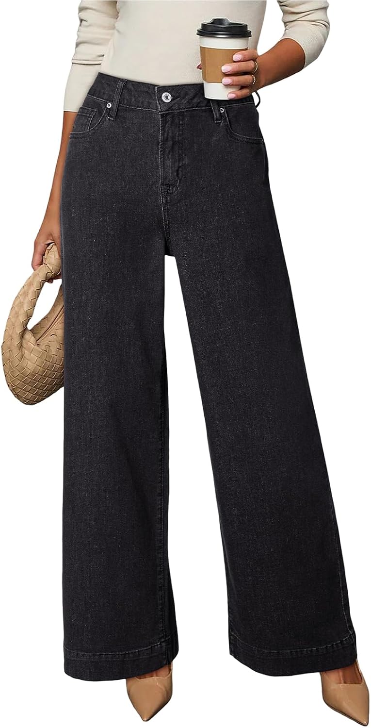 DOKOTOO Women’s Casual High Waisted Jeans Stretch Button Wide Leg Loose Denim Pants with Pockets