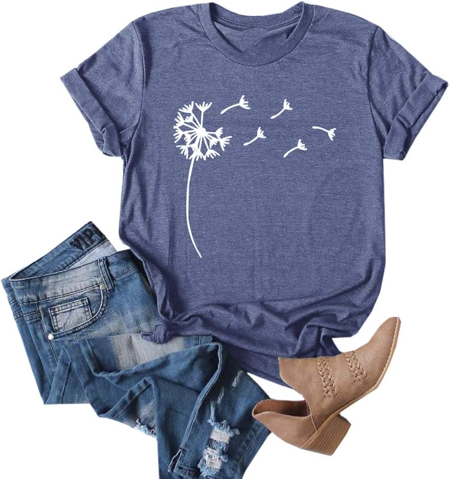 Cicy Bell Women’s Dandelion Print T Shirts Cute Graphic Tees Short Sleeve Summer Cotton Tee Tops