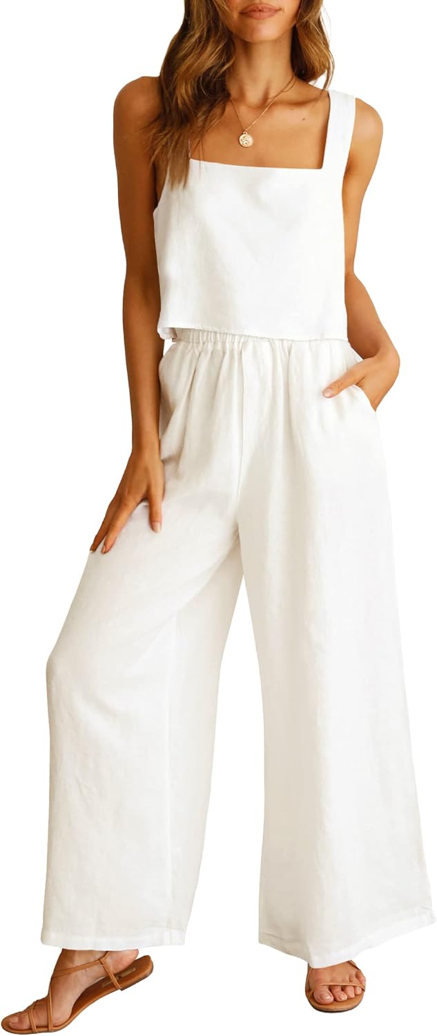 ANRABESS Women’s 2 Piece Outfits Linen Pants Jumpsuit Matching Lounge Set Casual Summer Beach Vacation Trendy Clothes