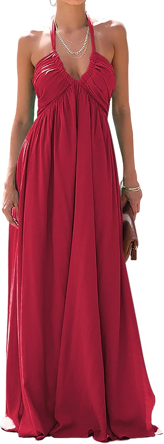Maxi Dresses for Women Sexy Halter V Neck Backless Smocked High Waisted A Line Beach Vacation Sundress