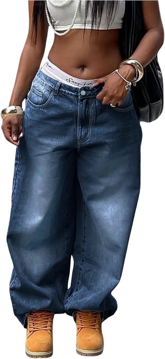 SHENHE Women’s Low Rise Baggy Jeans Y2k Wide Leg 90s Vintage Hip Hop Boyfriend Jeans Streetwear