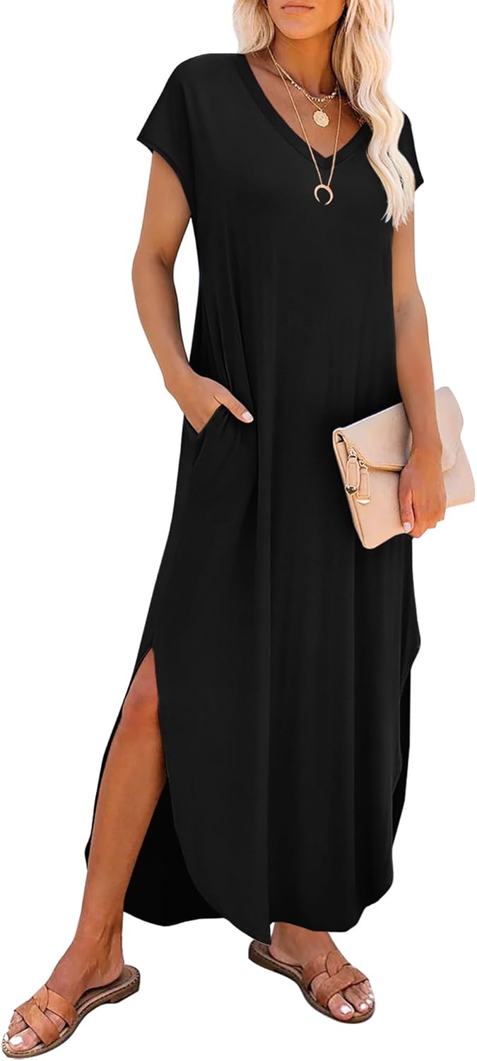 RUMIA Summer Maxi Dresses for Women Cap Sleeve Long Sundress with Pockets