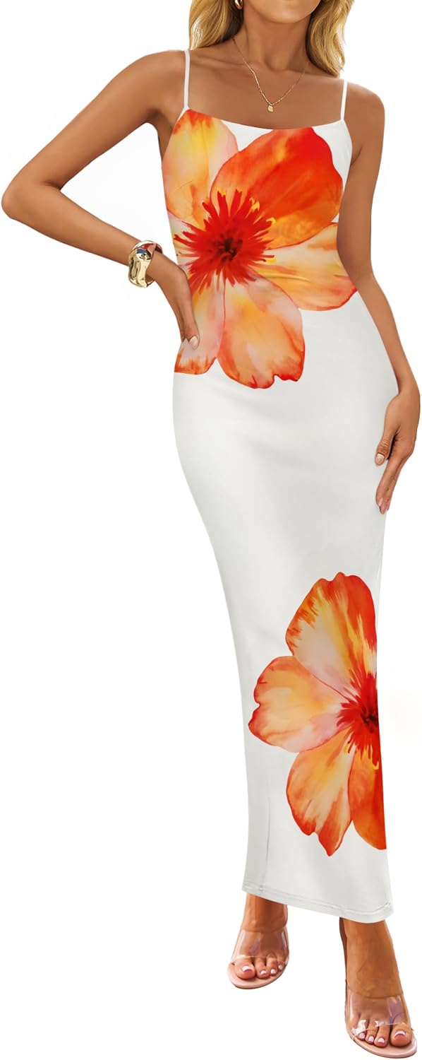 ZESICA Women’s Summer Bodycon Maxi Dresses 2026 Sexy Floral Spaghetti Strap Sleeveless Boho Beach Vacaton Long Dresses