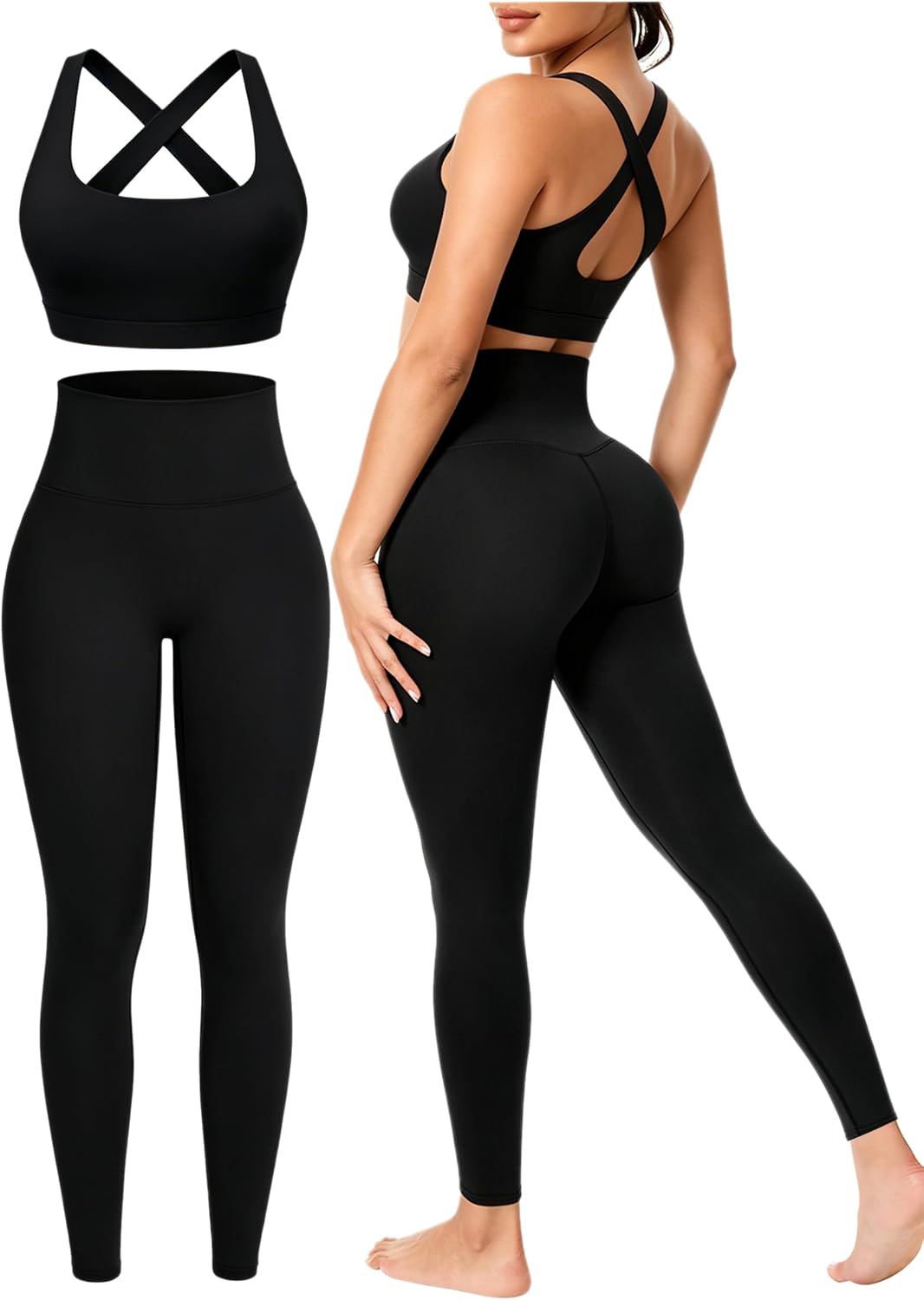 Workout Sets for Women 2 Piece Seamless High-Waisted Leggings & Cross Back Padded Sports Bra for Yoga Pilates