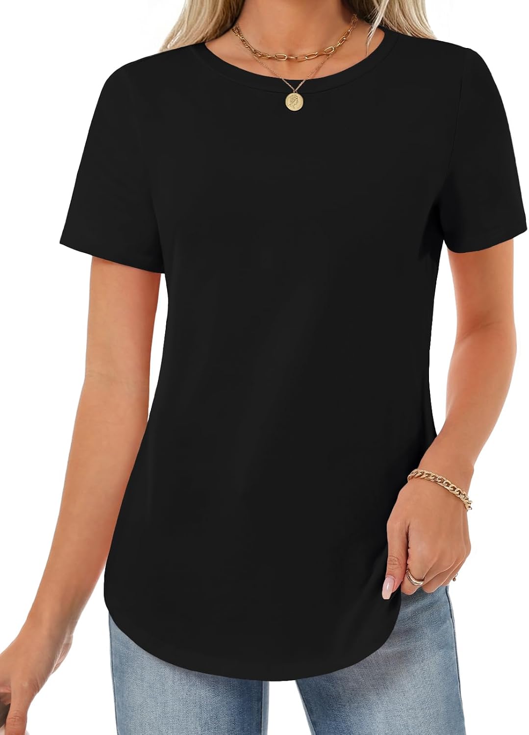 GKBK Womens Tops Cotton Short Sleeve T Shirts Summer Crew Neck Basic Casual Tees Curved Hem