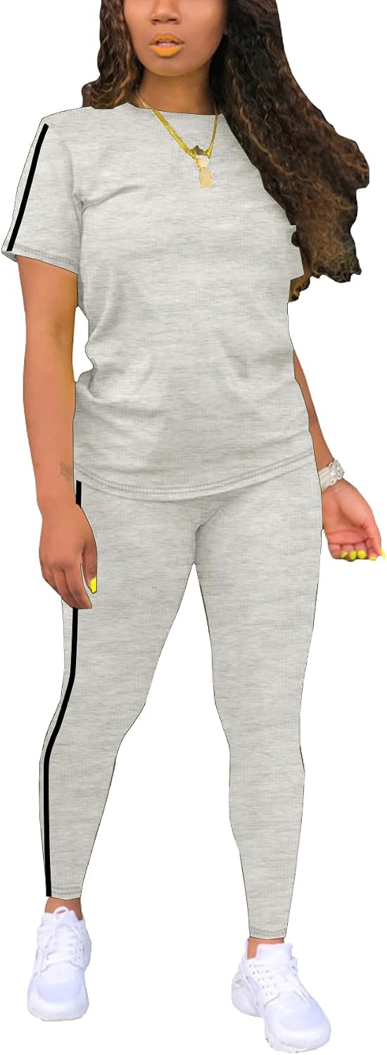 Women’s 2 Piece Outfits Sweatsuit Summer Workout Striped Short Sleeve Long Sweatpants Casual Jogging Lounge Set