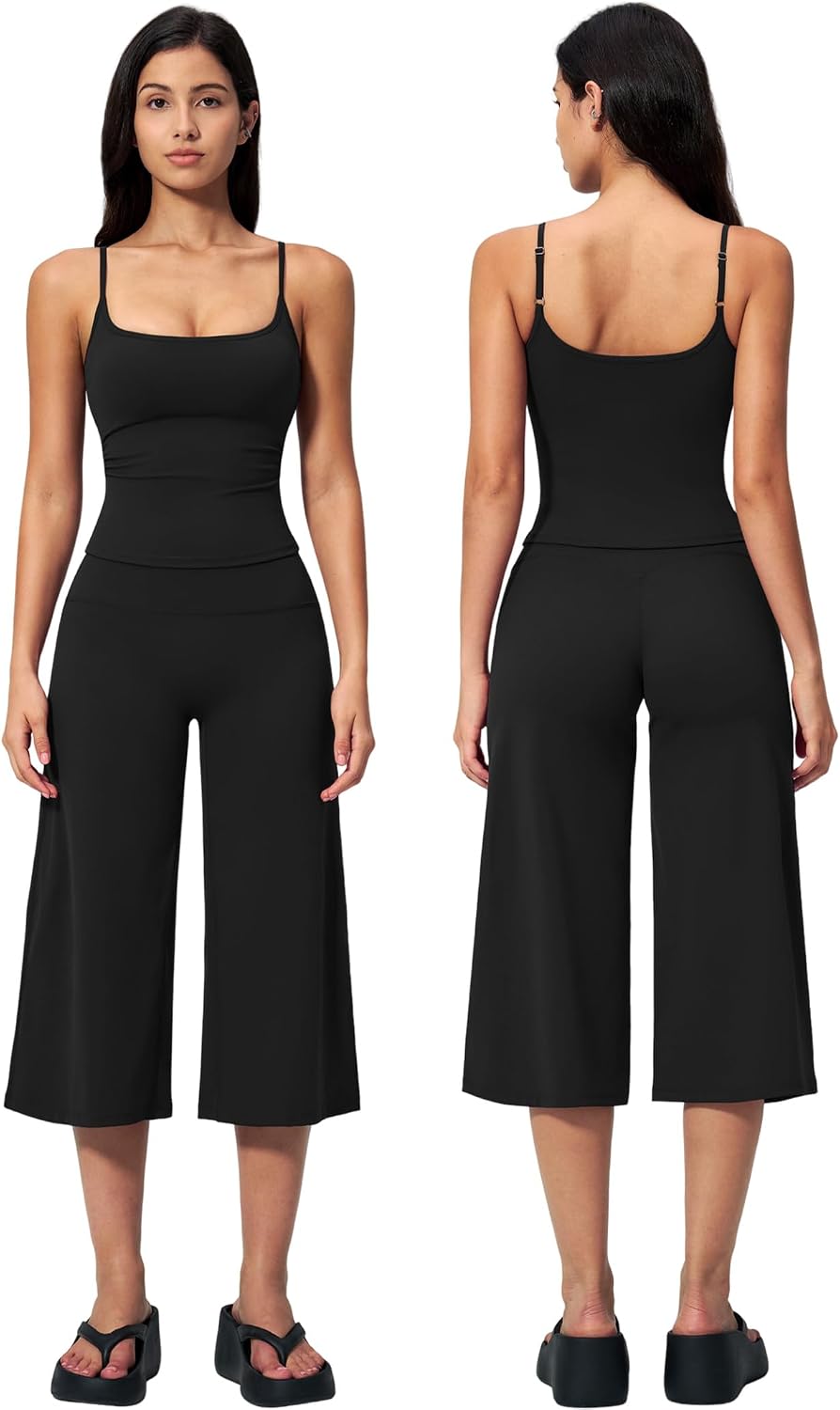 Women 2 Piece Workout Set Adjustable Spaghetti Straps Tank Top and High Waist Active Wide Leg Capri Pants Yoga Outfits