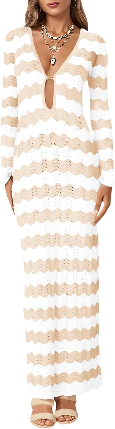 Saodimallsu Womens Crochet Summer Maxi Dress Striped Sexy Cut Out V Neck Long Sleeve Knit Cover Up Beach Dresses