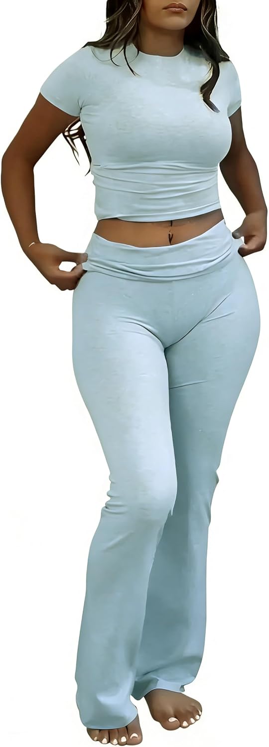 YETOWA Womens 2 Piece Outfits Low Rise Flare Leggings Short Sleeve Top Soft Stretchy Lounge Set Yoga Casual