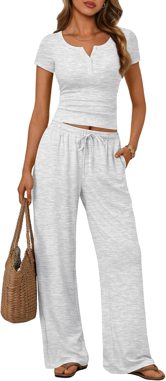 Trendy Queen Women’s 2 Piece Matching Lounge Sets Summer Henley Neck Slightly Crop Top Wide Leg Pants Casual Sweat Suit