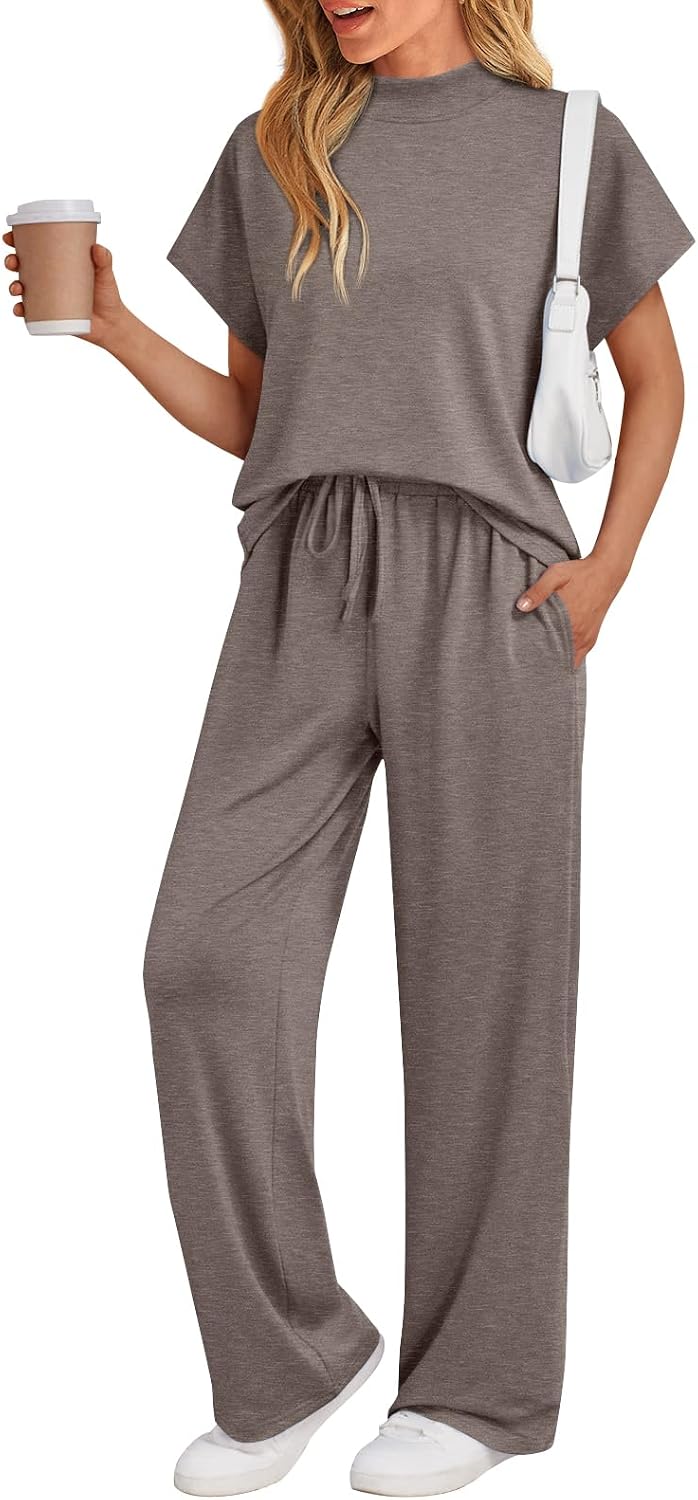 AUTOMET Women’s 2 Piece Matching Lounge Sets 2026 Summer Mock Neck Sweatsuits Short Sleeve Loungewear Travel Outfits