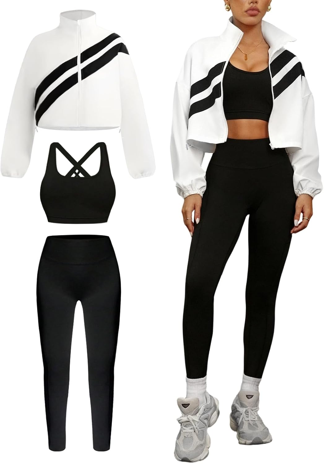 Womens 3 Piece Tracksuit Set with Bra Long Sleeve Zipper Jacket with Athletic High Waist Legging Workout Outfit