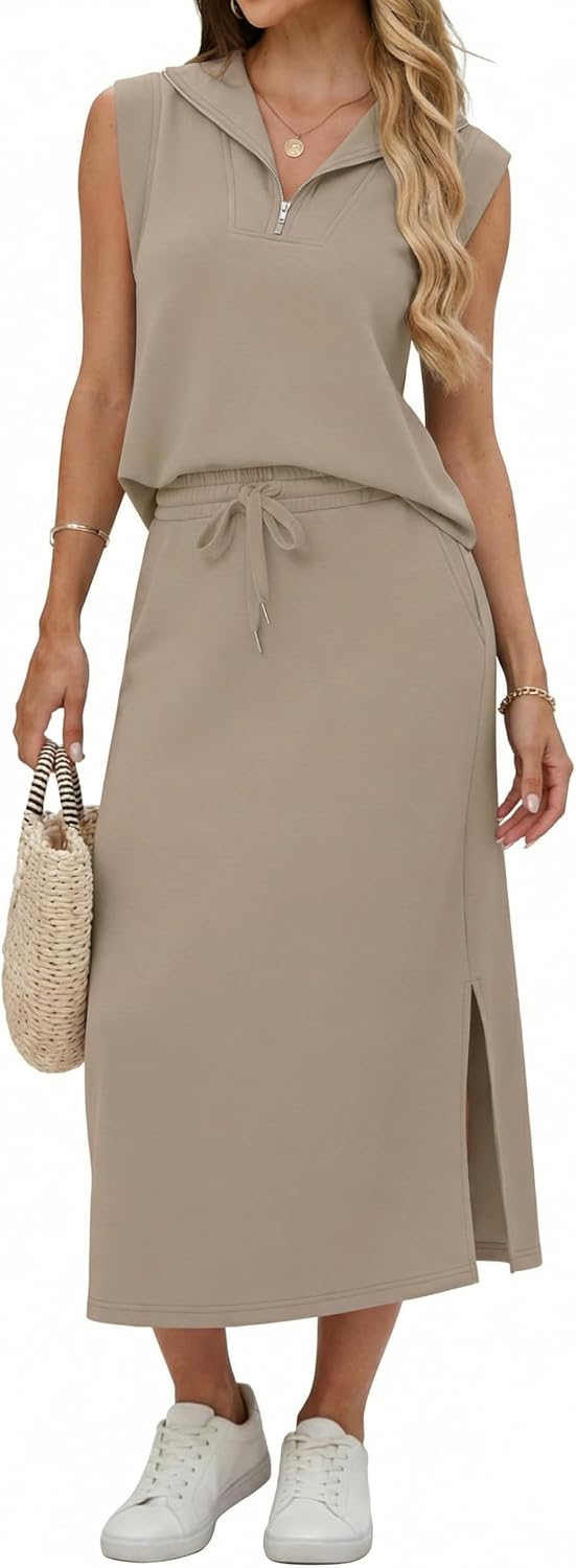 Lepunuo Women Skirt Sets 2 Piece Outfits Casual Half Zip Lapel Cap Sleeve Tops Split Maxi Skirt Airport Travel Outfits