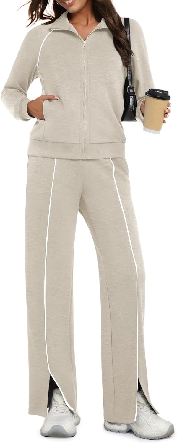 Casly Lamiit Womens 2 Piece Outfits 2025 Fall Casual Zip Up Sweatsuits Lounge Set Travel Wide Leg Pants Striped Tracksuit
