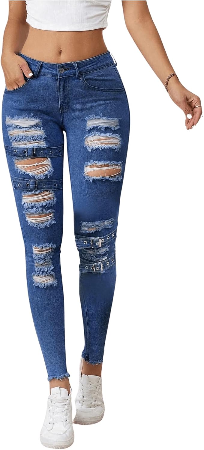 Floerns Women’s Ripped Distressed High Waist Jeans Stretch Denim Pants