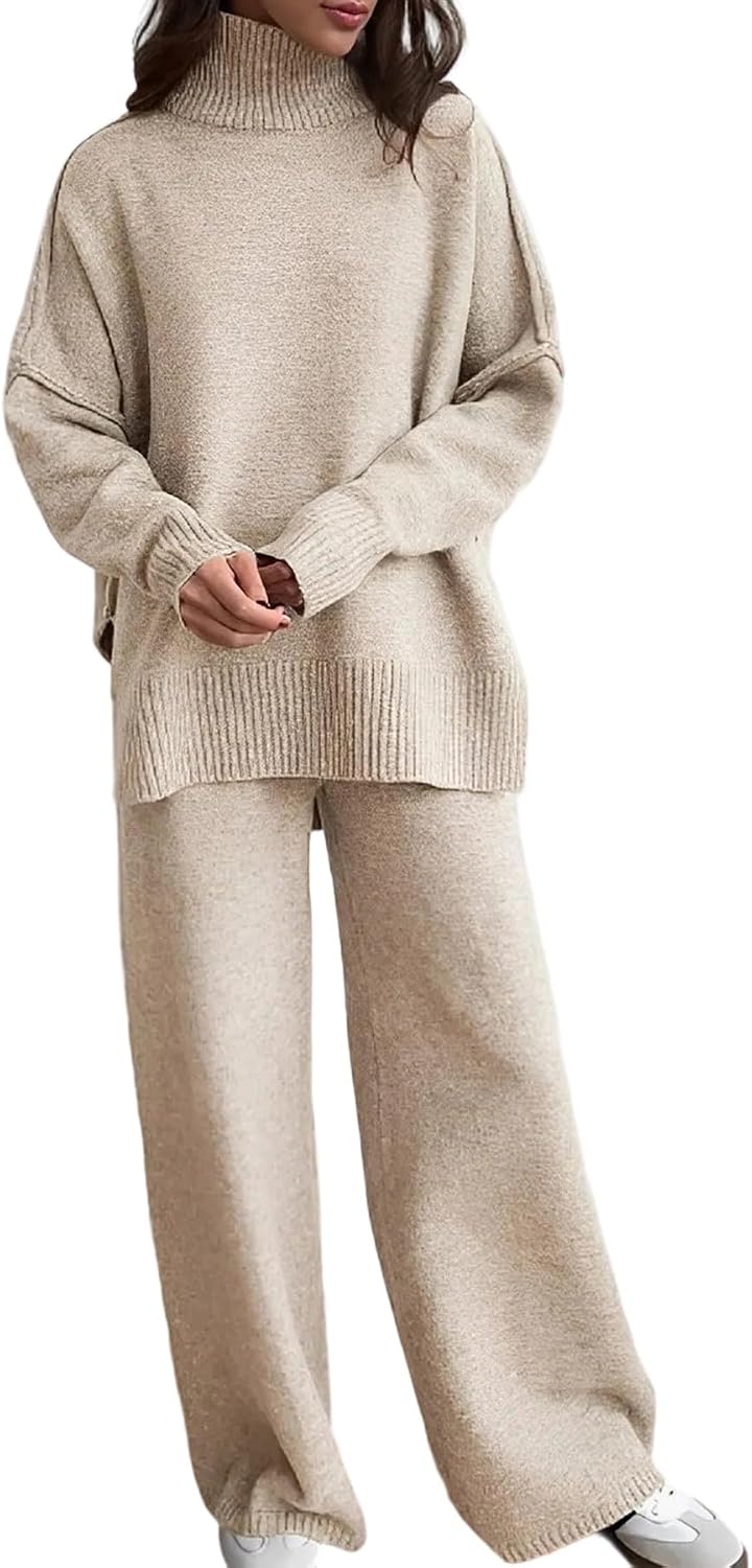 SHINFY Women’s 2 Piece Outfit Fall Sweater Lounge Sets Mock Neck Knit Tops Wide Leg Pant Sweatsuits Tracksuit Set